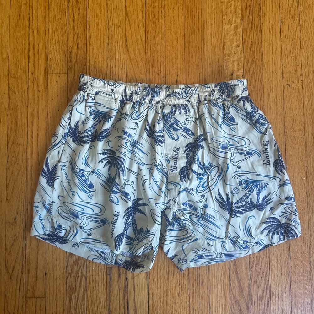 R13 Tropical Surf Print Pull On Shorts Beige Blue XS